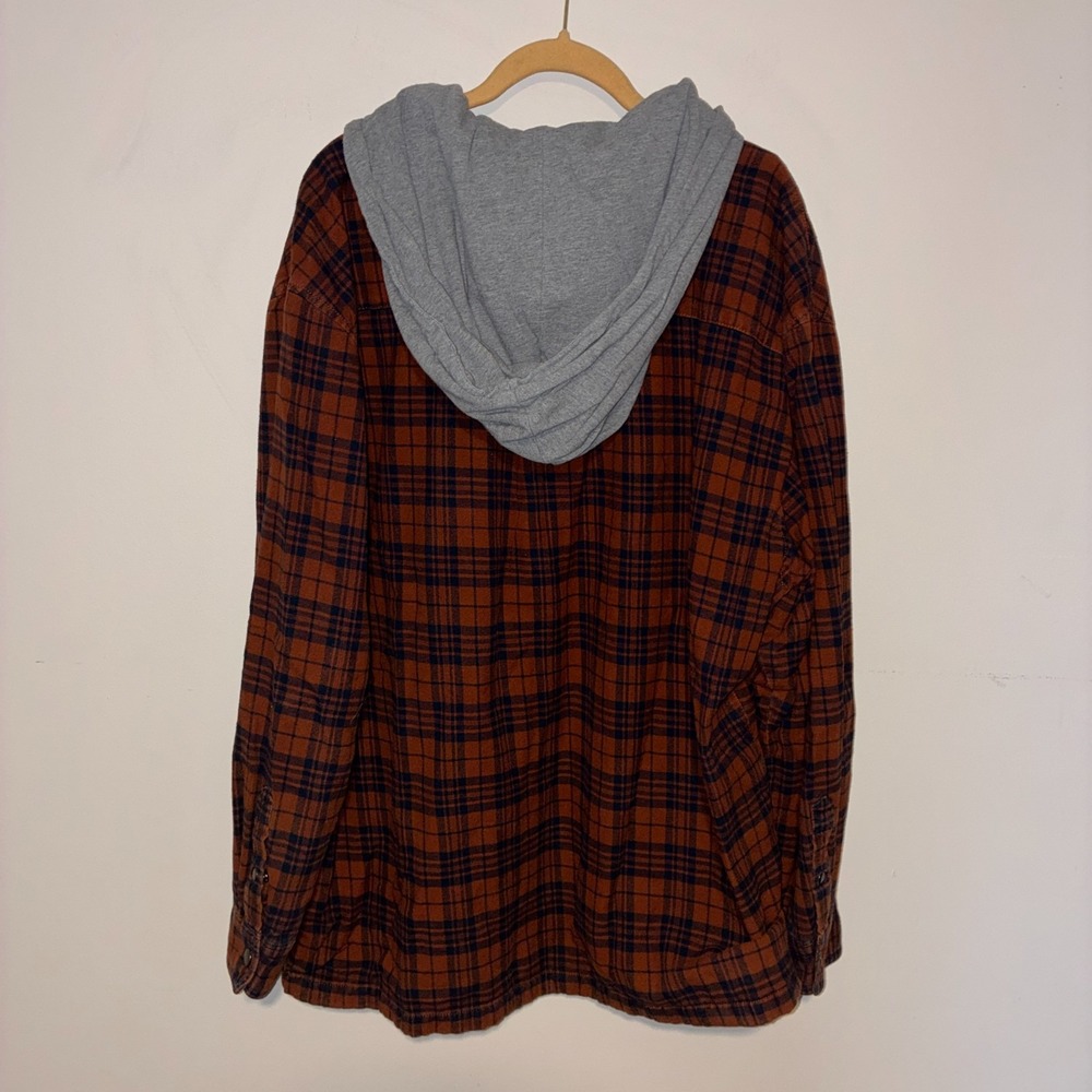 Hooded Flannel Shirt Jacket Brown Plaid Full Zip Mens 2XL Bixby Nomad Shacket - Picture 2 of 4